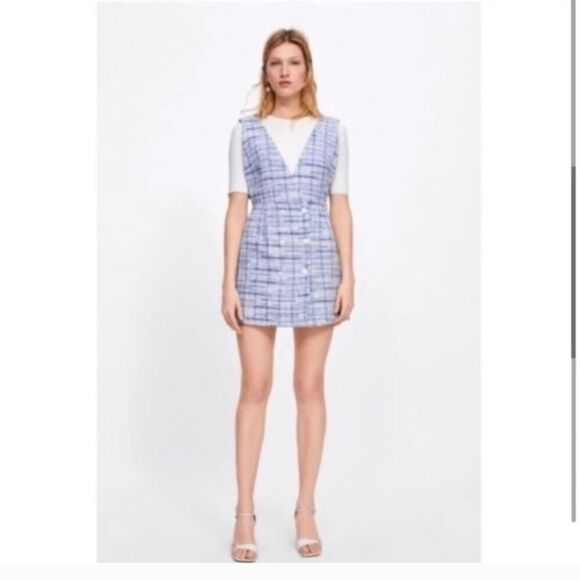 Zara Checked Pinafore Blue Tweed Dress Size Medium - Picture 2 of 9